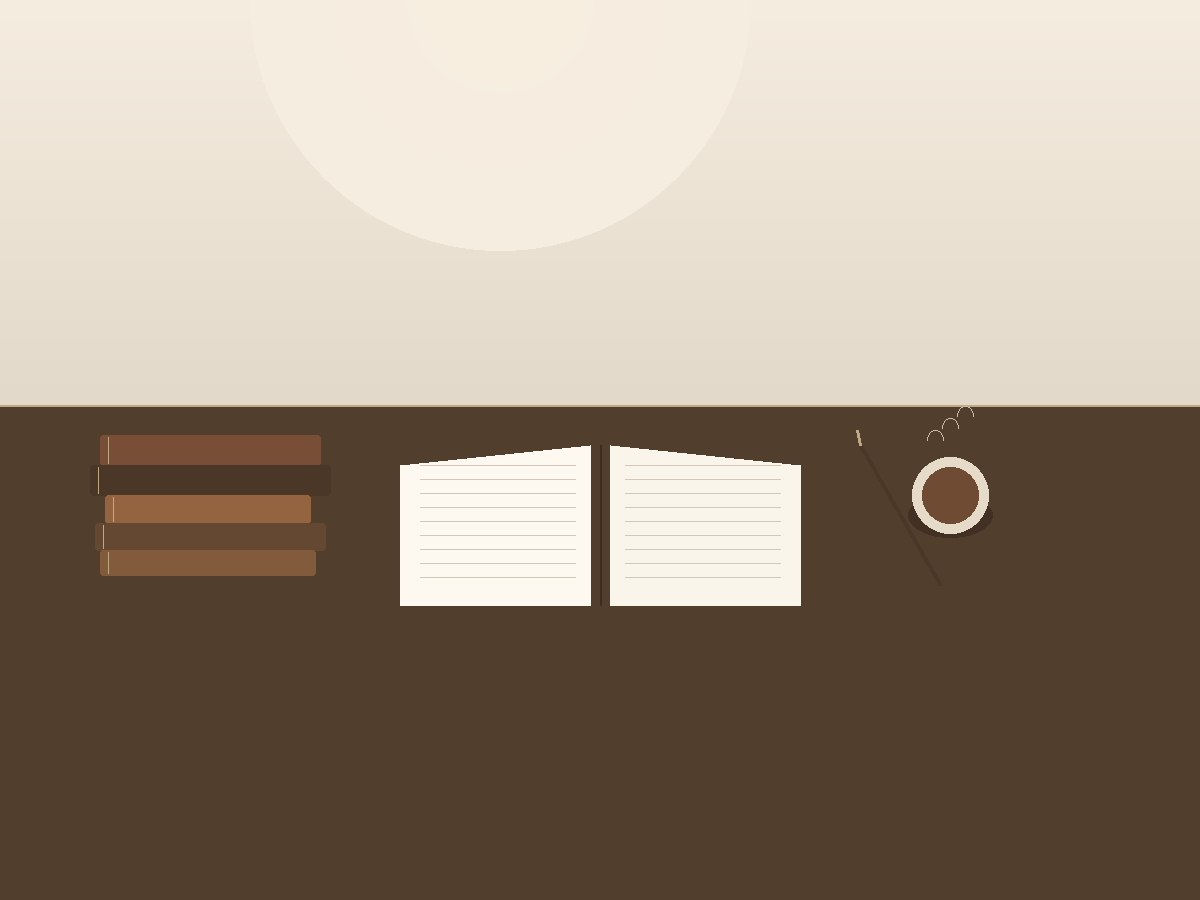 A warm desk workspace with books, coffee, and an open manuscript